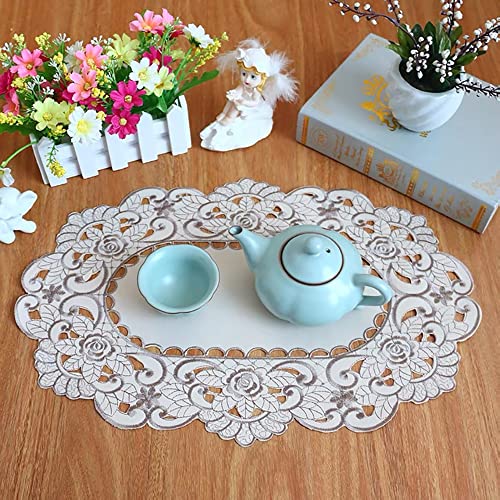 4 Stück Blumen Spitze Stickerei Tisch Tischset,Spitze Untersetzer Blumen-Form Matte Tischset Platzsets Tisch Deckchen Cup Coasters für Esszimmer Küche Bankett Hochzeit Deko Aprikose,Oval28x43cm von Wambere