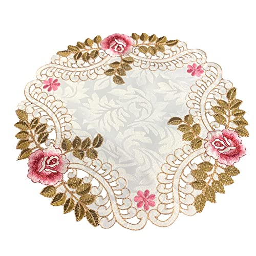 4 Stück Blumenstickerei Tisch Tischset,Durchbrochener Stoff Untersetzer Runden Blumen-Form Matte Tischset Platzsets Deckchen Cup Coasters für Esszimmer Küche Bankett Hochzeit Deko 20cm,Rosenrot von Wambere