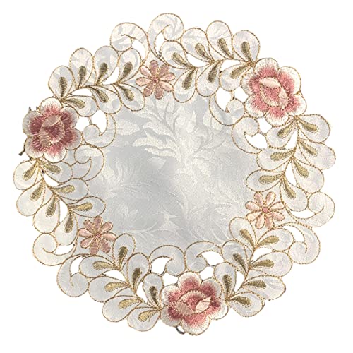 4 Stück Blumenstickerei Tisch Tischset,Durchbrochener Stoff Untersetzer Runden Blumen-Form Matte Tischset Platzsets Deckchen Cup Coasters für Esszimmer Küche Bankett Hochzeit Deko 25cm,Rosa von Wambere