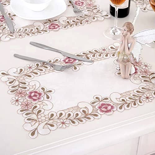 4 Stück Blumenstickerei Tisch Tischset,Durchbrochener Stoff Untersetzer Runden Blumen-Form Matte Tischset Platzsets Deckchen Cup Coasters für Esszimmer Küche Bankett Hochzeit Deko 28x43cm,Rosa von Wambere