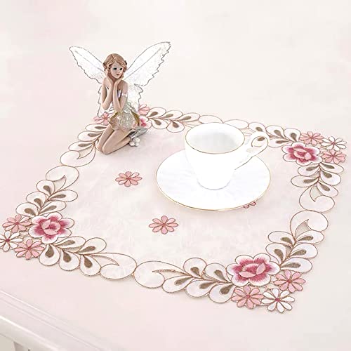 4 Stück Blumenstickerei Tisch Tischset,Durchbrochener Stoff Untersetzer Runden Blumen-Form Matte Tischset Platzsets Deckchen Cup Coasters für Esszimmer Küche Bankett Hochzeit Deko 40x40cm,Rosa von Wambere