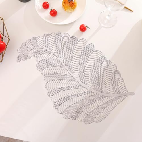 4 Stück PVC Tischset Ausgehöhlte Blätter Platzset Waschbar Hitzebeständig Rutschfester Tischsets Placemats Tischuntersetzer Tischdekoration für Küche Hochzeit Party Bankett,Silber von Wambere