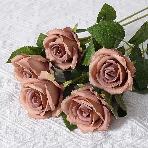 5 Stück Künstliche Rosen,Kunstblumen Rose Künstlich Blumenköpfe Fake Rosen mit Stielen für Hochzeit Party Valentine's Day Nach Hause Halloween Vase Tischdeko Thanksgiving Zuhause Dekoration,Braun von Wambere