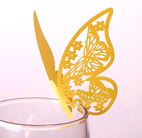 50 Stück Schmetterling Trichterwinde Tischkarten Namenskarten Glasanhänger Wandsticker für Tischdeko Hochzeit Party Haus Deco,Schmetterling Tischkarten Laser Platzkarten Namenskarten,Gold von Wambere