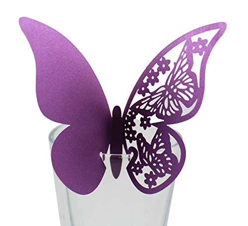 50 Stück Schmetterling Trichterwinde Tischkarten Namenskarten Glasanhänger Wandsticker für Tischdeko Hochzeit Party Haus Deco,Schmetterling Tischkarten Laser Platzkarten Namenskarten,Lila von Wambere