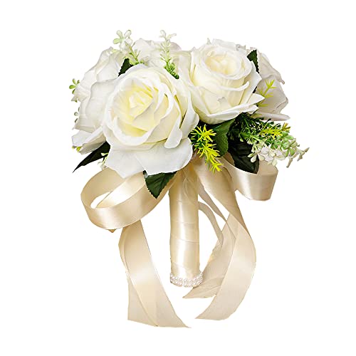 Brautstrauss Hochzeit Blumenstrauß Gefälschte Rose Braut Bouquet,Künstliche Rosen,Brautstrauss Blumenstrauß Hochzeit Künstlich Blume,künstlicher Rosenstrauß Dekoration,Hochzeit Home Dekoration,Beige von Wambere