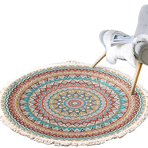 Runden Teppiche,Vintage Boho Baumwolle Teppiche Mandala Muster Waschbar Handgewebte Böhmische Runder Teppich mit Quasten für Schlafzimmer Flur Wohnzimmer Couchtisch Fußmatten 120cm,Blumen 12# von Wambere