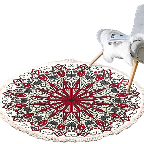 Runden Teppiche,Vintage Boho Baumwolle Teppiche Mandala Muster Waschbar Handgewebte Böhmische Runder Teppich mit Quasten für Schlafzimmer Flur Wohnzimmer Couchtisch Fußmatten 120cm,Blumen 4# von Wambere