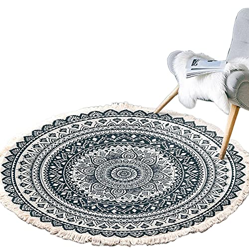 Runden Teppiche,Vintage Boho Baumwolle Teppiche Mandala Muster Waschbar Handgewebte Böhmische Runder Teppich mit Quasten für Schlafzimmer Flur Wohnzimmer Couchtisch Fußmatten 90cm,Blumen 1# von Wambere