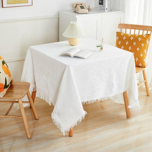 Tischdecken aus Baumwolle und Leinen Quasten Tischdecke Tischtuch Abwaschbar rutschfest Staubdicht Couchtisch Table Cloth Speisetisch für Küche Hochzeit Party Tischdekoration,Weiß C,90x150cm von Wambere