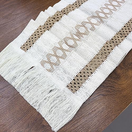 Tischläufer Boho Deko,Gewebtes Makramee Tischläufer aus Baumwolle Leinen mit Quasten,Waschbar Vintage Makramee Tischläufer mit Quasten,für Hochzeit Bauernhaus Esstisch Dekor,Khaki A,30cm×220cm von Wambere