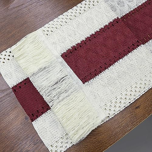 Tischläufer Boho Deko,Gewebtes Makramee Tischläufer aus Baumwolle Leinen mit Quasten,Waschbar Vintage Makramee Tischläufer mit Quasten,für Hochzeit Bauernhaus Esstisch Dekor,Weinrot B,30cm×200cm von Wambere