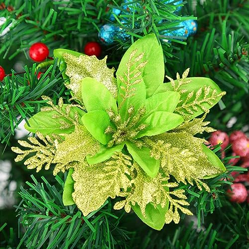 Wambere 10 Stück Künstliche Weihnachtsblumen,Weihnachten Glitzer Weihnachtsstern Blumen mit Clips,Weihnachtsblumen Dekorationen,Geeignet für die Dekoration von Rattan-Girlandenzweigen,Grün von Wambere