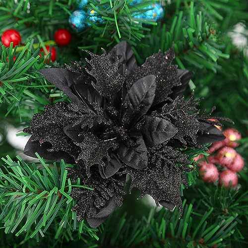 Wambere 12 Stück Weihnachtsblumen,Künstliche Blumen Glitter Weihnachtsblumen Dekoration Christbaumschmuck Weihnachtsschmuck Baumschmuck Weihnachten Christmas Tree Ornaments Christbaumanhänger,Schwarz von Wambere