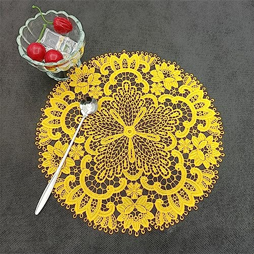 Wambere 2 Stück 26 cm Tischset aus Spitze,Spitzendeckchen Häkeldeckchen Tischdeck,Spitze Runde Stickerei Tisch Tischset,Handarbeit Geklöppelt Spitzendeckchen Placemat,für Küche, Esszimmer,Gelb B von Wambere