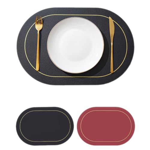 Wambere 2 Stück 45cm×30cm Tischsets Platzsets Leder,Zweifarbiges Ovales Tischset,Tischdekoration Tischuntersetzer Essunterlagen Tischsets Abwaschbar Abwischbar rutschfest Hitzebeständig,Schwarz + Rot von Wambere