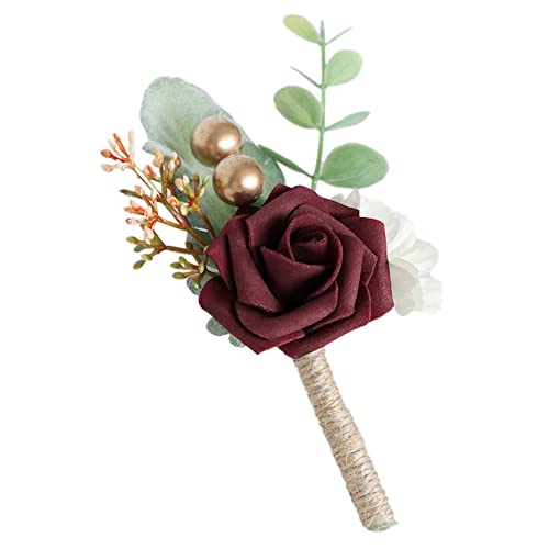 Wambere 2 Stück RosenAnsteckblume,Boutonniere,Hochzeit Boutonniere Blumen,Hochzeit Zubehör Künstliche RosenAnsteckblume Bräutigam Hochzeitsanstecker für Braut Brautjungfer Gäste Herren Damen,Weinrot von Wambere