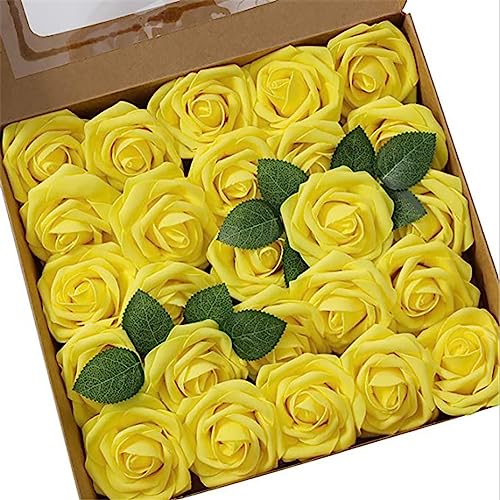 Wambere 25 Stück Künstliche Blumen Rosen Deko Blumen Fake Rosen mit Stielen Schaumrosen Foamrosen Rosenköpfe Gefälschte Kunstrose Rose DIY Hochzeit Blumensträuße Braut Zuhause Dekoration,Gelb von Wambere