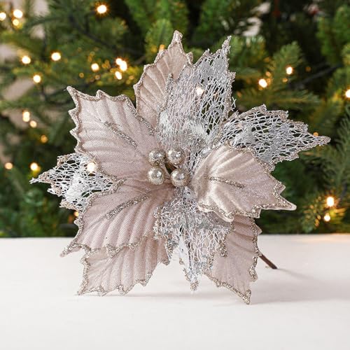 Wambere 3 Stück Künstliche Blumen Weihnachtsblumen Glitzer Weihnachtsstern Christmas Flowers Christmas Ornaments Baumschmuck Weihnachtsdekoration Christbaumschmuck Weihnachtsschmuck,Champagner von Wambere