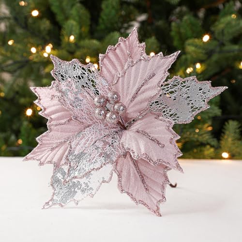 Wambere 3 Stück Künstliche Blumen Weihnachtsblumen Glitzer Weihnachtsstern Christmas Flowers Christmas Ornaments Baumschmuck Weihnachtsdekoration Christbaumschmuck Weihnachtsschmuck,Rosa von Wambere