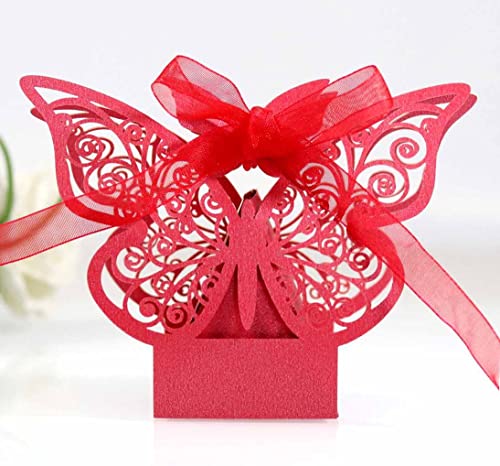 Wambere 50 Stück Schmetterling Süßigkeiten Schachtel für Hochzeit Taufe Gastgeschenk Geschenkbox Kartonage Schachtel Tischdeko Bonboniere Box,Kinder Party süße Boxen,Hochzeit Dekoration,Rot von Wambere