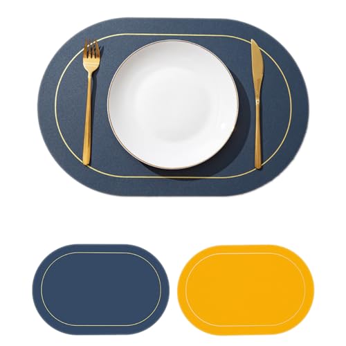 Wambere 6 Stück 45cm×30cm Tischsets Platzsets Leder,Zweifarbiges Ovales Tischset,Tischdekoration Tischuntersetzer Essunterlagen Tischsets Abwaschbar Abwischbar rutschfest Hitzebeständig,Blau + Gelb von Wambere