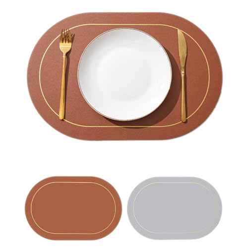 Wambere 6 Stück 45cm×30cm Tischsets Platzsets Leder,Zweifarbiges Ovales Tischset,Tischdekoration Tischuntersetzer Essunterlagen Tischsets Abwaschbar Abwischbar rutschfest Hitzebeständig,Braun + Grau von Wambere