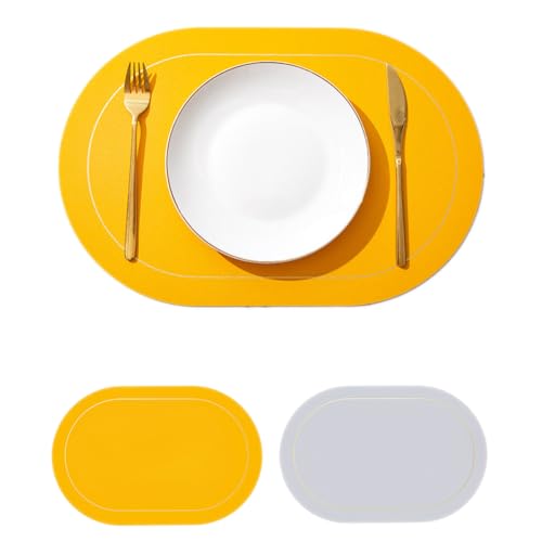 Wambere 6 Stück 45cm×30cm Tischsets Platzsets Leder,Zweifarbiges Ovales Tischset,Tischdekoration Tischuntersetzer Essunterlagen Tischsets Abwaschbar Abwischbar rutschfest Hitzebeständig,Gelb + Silber von Wambere