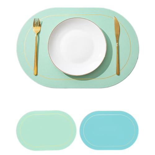 Wambere 6 Stück 45cm×30cm Tischsets Platzsets Leder,Zweifarbiges Ovales Tischset,Tischdekoration Tischuntersetzer Essunterlagen Tischsets Abwaschbar Abwischbar rutschfest Hitzebeständig,Grün + Blau von Wambere