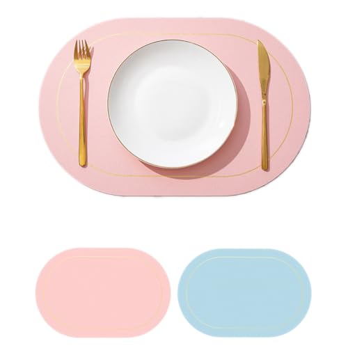 Wambere 6 Stück 45cm×30cm Tischsets Platzsets Leder,Zweifarbiges Ovales Tischset,Tischdekoration Tischuntersetzer Essunterlagen Tischsets Abwaschbar Abwischbar rutschfest Hitzebeständig,Rosa + Blau von Wambere