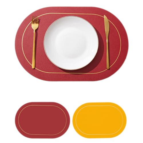 Wambere 6 Stück 45cm×30cm Tischsets Platzsets Leder,Zweifarbiges Ovales Tischset,Tischdekoration Tischuntersetzer Essunterlagen Tischsets Abwaschbar Abwischbar rutschfest Hitzebeständig,Rot + Gelb von Wambere