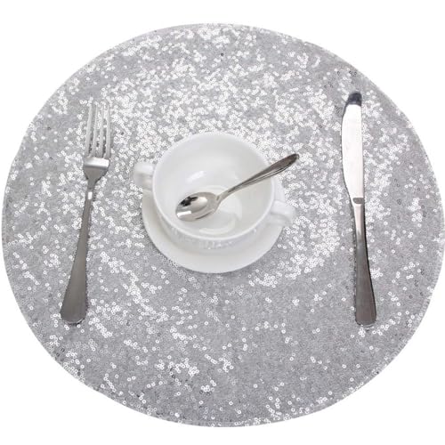 Wambere 6 Stück Durchmesser 33 cm Rundes Tischsets mit Pailletten Glitzer Tischset Platzset Abwaschbar Platzsets Pailletten Untersetzer Tischset für Küche Party Hochzeit Tischdekoration,Silber von Wambere