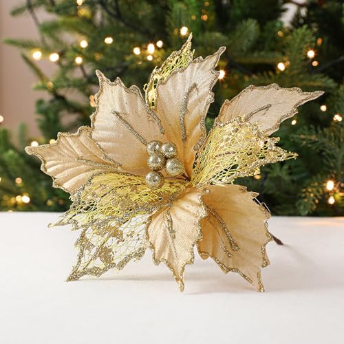 Wambere 6 Stück Künstliche Blumen Weihnachtsblumen Glitzer Weihnachtsstern Christmas Flowers Christmas Ornaments Baumschmuck Weihnachtsdekoration Christbaumschmuck Weihnachtsschmuck,Gold von Wambere