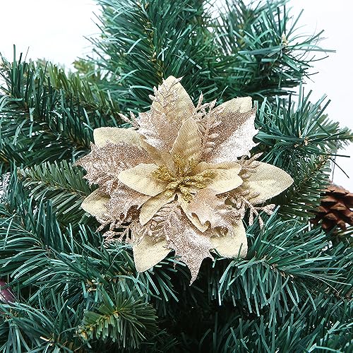 Wambere 6 Stück Weihnachtsblumen,Künstliche Blumen Glitter Weihnachtsblumen Dekoration Christbaumschmuck Weihnachtsschmuck Baumschmuck Weihnachten Christmas Tree Ornaments Christbaumanhänger,Sekt von Wambere