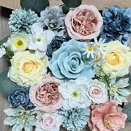 Wambere Artificial Flowers Fake Flowers Real Looking Roses Combo Box Set for Wedding Bridal Bouquet Centerpieces Arrangements Party Bridal Baby Shower Home Decorations,Blumenarrangements,Blau Gelb von Wambere