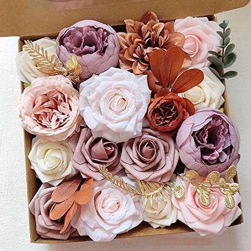 Wambere Artificial Flowers Fake Flowers Real Looking Roses Combo Box Set for Wedding Bridal Bouquet Centerpieces Arrangements Party Bridal Baby Shower Home Decorations,Blumenarrangements,Braun von Wambere