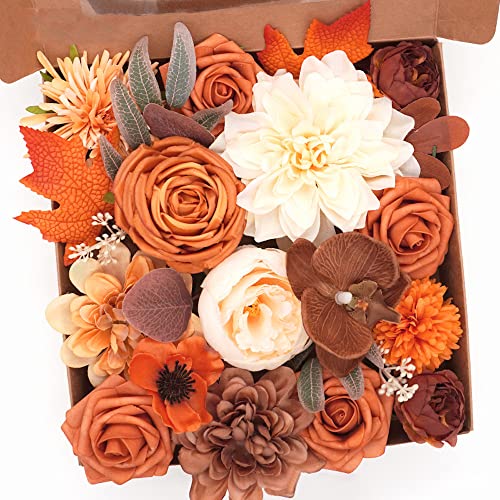 Wambere Artificial Flowers Fake Flowers Real Looking Roses Combo Box Set for Wedding Bridal Bouquet Centerpieces Arrangements Party Bridal Baby Shower Home Decorations,Blumenarrangements,Dunkelorange von Wambere