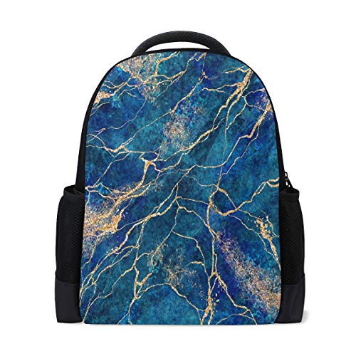 Abstrakter blauer Marmor-Rucksack für Reisen, Laptop, Schule, Büchertasche, Gold, Glitzer, Adern, lässig, Tagesrucksack, Outdoor, Business, Wandern, Camping, Schultertaschen für Studenten, Damen, Herren von Wamika