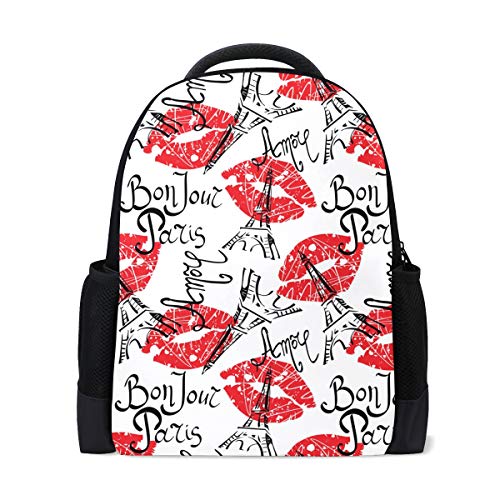 Bonjour Paris Eiffelturm Reise Laptop Rucksack Schule Buch Tasche Romantische City Lips Causal Daypack Outdoor Business Wanderrucksäcke Camping Schultertaschen für Studenten Frauen Herren von Wamika