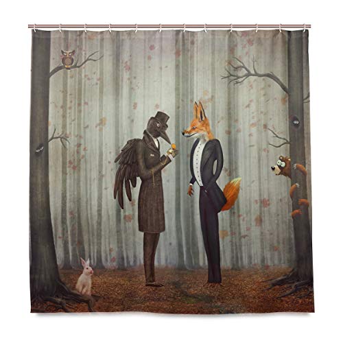 Duschvorhang mit Rabe und Fuchs im Wald, Heimdekoration, Vogeltiere, Kaninchen-Design, strapazierfähiger Stoff, schimmelresistent, wasserdicht, Badewannenvorhänge mit 12 Haken, 183 cm x 183 cm von Wamika