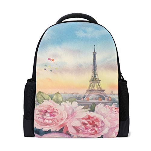 Eiffelturm in Paris Frankreich Reise Laptop Rucksack Schule Buch Tasche Rose Blume Herz Causal Daypack Outdoor Business Wanderrucksäcke Camping Schultertaschen für Studenten Frauen Herren von Wamika