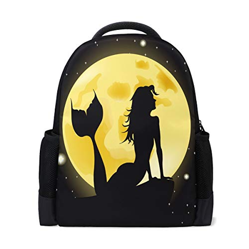 Full Moon Meerjungfrau Mädchen Reise Laptop Rucksack Schule Buch Tasche Yellow Moon Galaxy Stars Causal Daypack Outdoor Business Wanderrucksäcke Camping Schultertaschen für Studenten Frauen Herren von Wamika