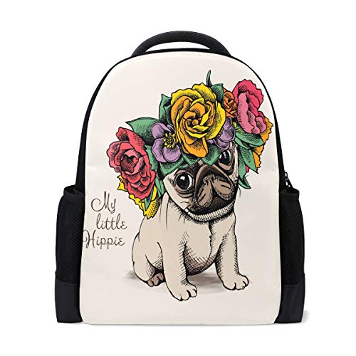 Hippie Mops Hund Reise Laptop Rucksack Schule Buch Tasche Rose Blume Welpe Tier Casual Daypack Outdoor Business Wandern Rucksäcke Camping Schultertaschen für Studenten Frauen Herren von Fender