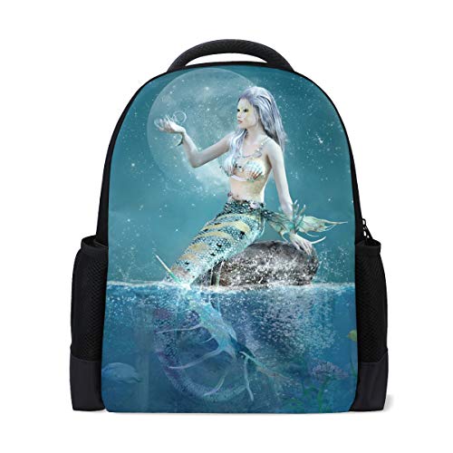 Meerjungfrauen-Mädchen Reise Laptop Rucksack Schule Buch Tasche Moon Galaxy Meer Ocean Causal Daypack Outdoor Business Wanderrucksäcke Camping Schultertaschen für Studenten Frauen Herren von Wamika
