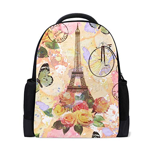 Paris Eiffelturm Reise Laptop Rucksack Schule Buch Tasche Rose Blume Schmetterling Causal Daypack Outdoor Business Wanderrucksäcke Camping Schultertaschen für Studenten Frauen Herren von Wamika