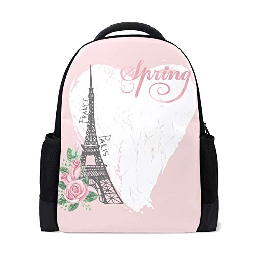 Paris Frühlingsrucksack Eiffelturm Reise Laptop Rucksack Schule Buch Tasche Pink Herz Rose Blume Causal Daypack Outdoor Business Wanderrucksäcke Camping Schultertaschen für Studenten Frauen Herren von Fender