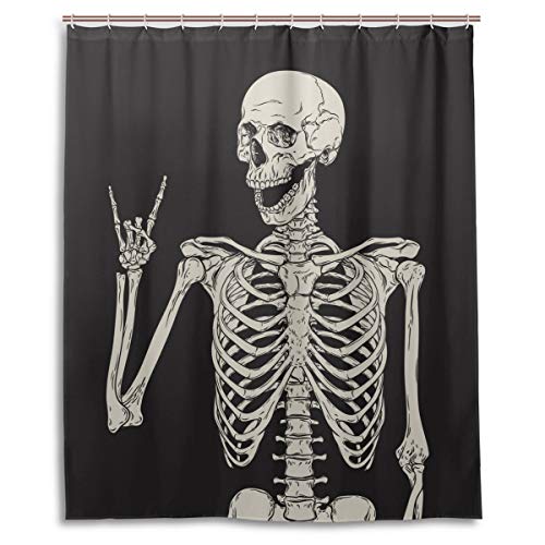 Rock and Roll Totenkopf Skelett Knochen Liebe Musik Duschvorhang Polyester Wasserdicht Sugar Candy Skull Day of Dead auf schwarzem Hintergrund Badezimmer Duschvorhang mit Haken 152 x 182 cm von Wamika