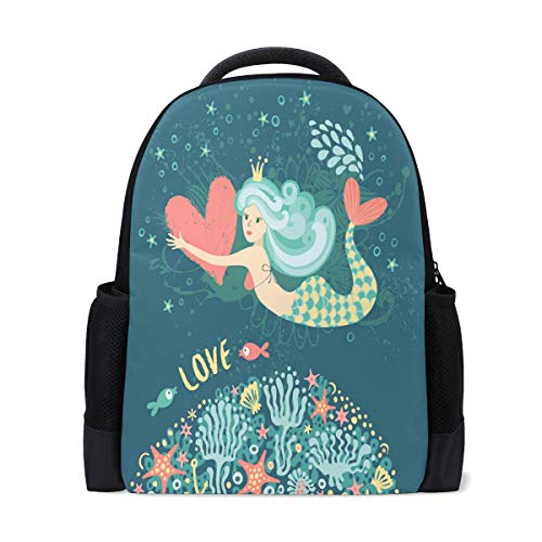 Romantischer Meerjungfrauen-Mädchen-Reiserucksack für Laptop, Schule, Buchtasche, Ozeanrot, Herz, Fisch, lässiger Tagesrucksack, Outdoor, Business, Wanderrucksack, Camping, Schultertaschen für Studenten, Frauen, Herren von Wamika