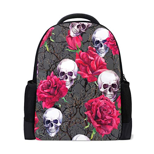 Rucksack mit Totenkopf-Rosen-Blumen-Motiv, für Laptop, Schule, Buch-Tasche, Skelett, Tagesrucksack, Outdoor, Business, Wandern, Camping, Schultertaschen für Studenten, Frauen, Herren von Fender