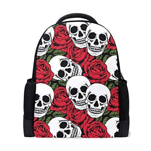 Rucksack mit Totenkopf-Rosen-Blumen-Motiv für Laptop, Schule, Buch-Tasche, Skelett, Blumen, Outdoor, Business, Wandern, Rucksäcke für Studenten, Damen, Herren von Wamika